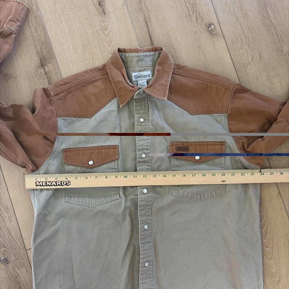 Carhartt Color Block Pearl Snap Canvas Shirt Jacket Green Khaki Men's Large L - Picture 4 of 7